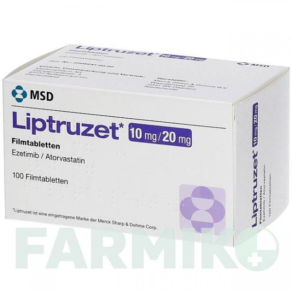 ЛІПТРУЗЕТ (LIPTRUZET) 10 мг/20 мг таблетки 100 шт - Аторвастатин, Езетиміб MEDICOPHARM