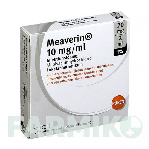 МИАВЕРИН (MEAVERIN) 1% 10 мг/мл 20 мг/2 мл раствор 5x2 мл - Мепивакаин PUREN PHARMA