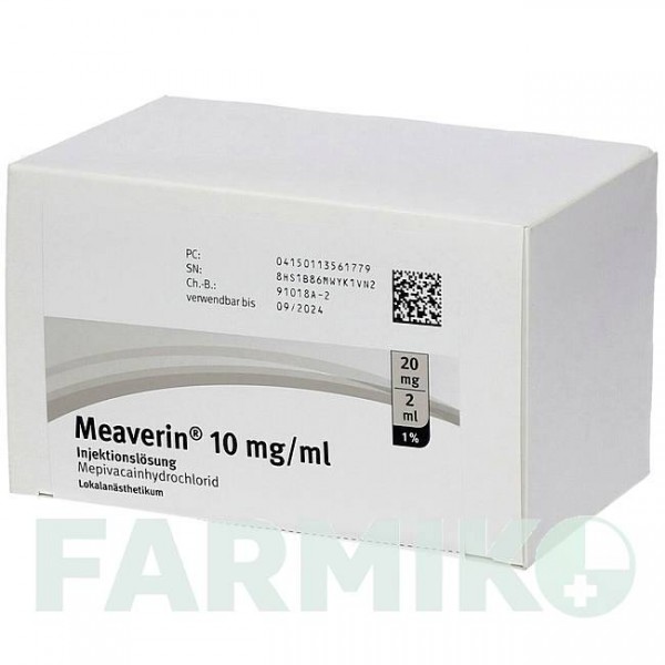 МИАВЕРИН (MEAVERIN) 1% 10 мг/мл 20 мг/2 мл раствор 50x2 мл - Мепивакаин PUREN PHARMA