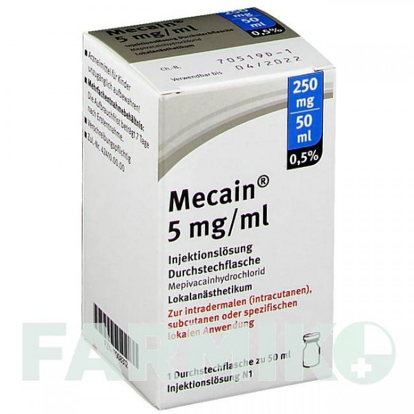 МЕКАИН (MECAIN) 0,5% 5 мг/мл 250 мг/50 мл раствор 50x50 мл - Мепивакаин PUREN PHARMA