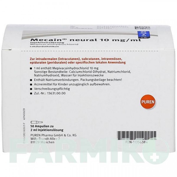 МЕКАИН (MECAIN) 1% 10 мг/мл 20 мг/2 мл раствор 50x2 мл - Мепивакаин PUREN PHARMA