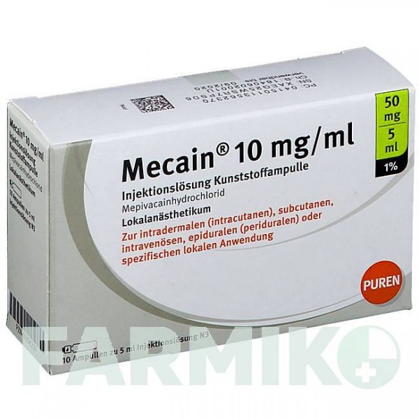 МЕКАИН (MECAIN) 1% 10 мг/мл 50 мг/5 мл раствор 5x5 мл - Мепивакаин PUREN PHARMA