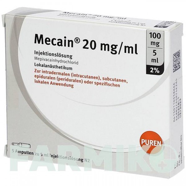 МЕКАИН (MECAIN) 2% 20 мг/мл 100 мг/5 мл раствор 5x5 мл - Мепивакаин PUREN PHARMA
