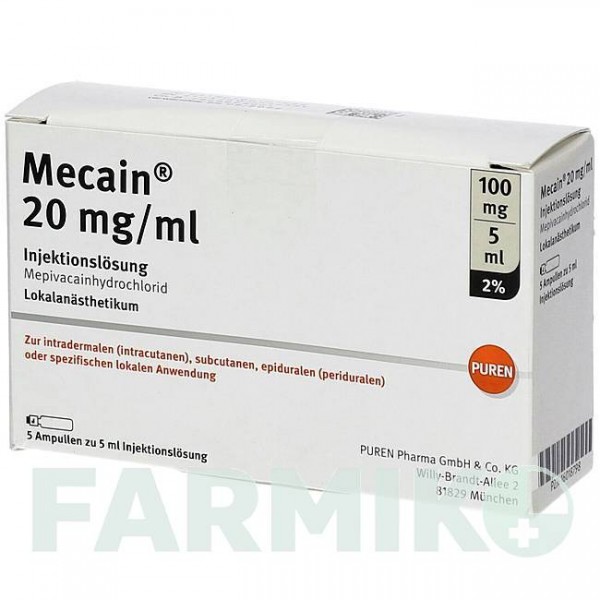 МЕКАИН (MECAIN) 2% 20 мг/мл 100 мг/5 мл раствор 5x5 мл - Мепивакаин PUREN PHARMA