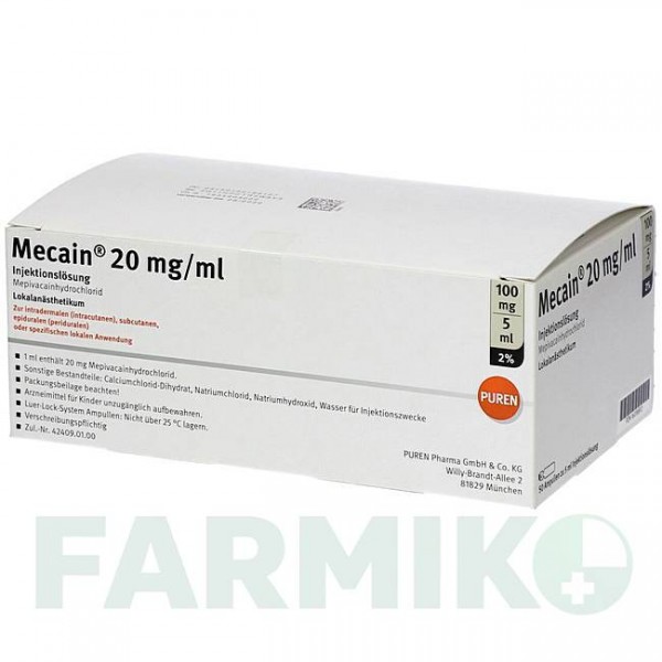 МЕКАИН (MECAIN) 2% 20 мг/мл 100 мг/5 мл раствор 50x5 мл - Мепивакаин PUREN PHARMA