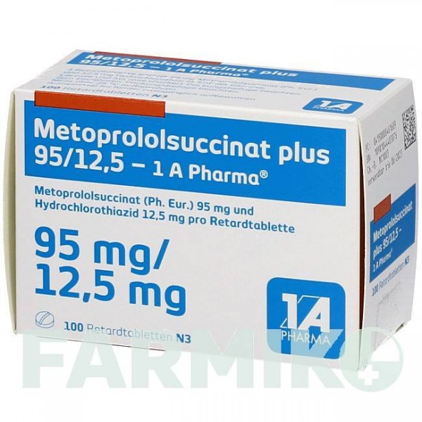 МЕТОПРОЛОЛСУКЦИНАТ (METOPROLOLSUCCINAT) 95/12,5 таблетки 100 шт - Метопролол, Гідрохлоротіазид 1 A PHARMA