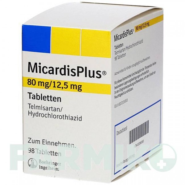 МИКАРДИСПЛЮС (MICARDISPLUS) 80 мг/12,5 мг таблетки 98 шт - Телмисартан, Гидрохлоротиазид BOEHRINGER INGELHEIM