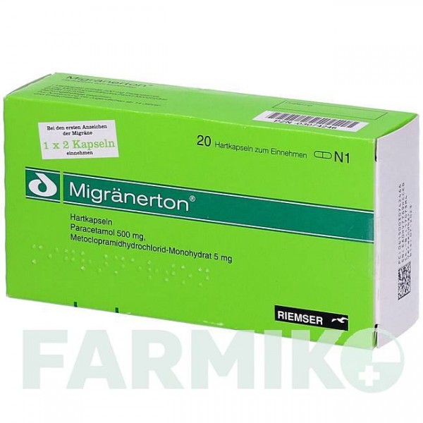 МИГРЕНЕРТОН (MIGRAENERTON) капсулы 20 шт - Метоклопрамид, Парацетамол ESTEVE PHARMACEUTICALS
