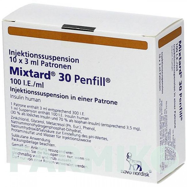 МИКСТАРД (MIXTARD) 100 МЕ/мл суспензия 5x3 мл - Инсулин (человеческий) EMRA-MED