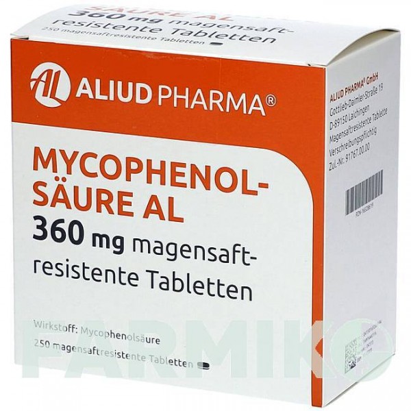 МІКОФЕНОЛСАУР (MYCOPHENOLSAURE) 360 мг таблетки 250 шт - Мікофенолова кислота ALIUD PHARMA