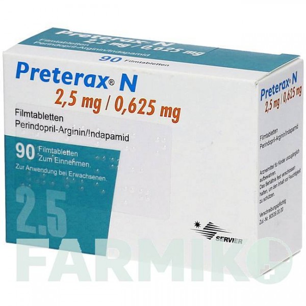 ПРЕТЕРАКС (PRETERAX) 2,5 мг/0,625 мг таблетки 90 шт - Периндоприл, Индапамид ACA MULLER-ADAG PHARMA
