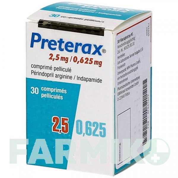 ПРЕТЕРАКС (PRETERAX) 2,5 мг/0,625 мг таблетки 30 шт - Периндоприл, Индапамид EMRA-MED