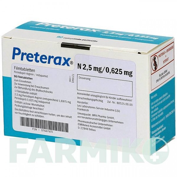 ПРЕТЕРАКС (PRETERAX) 2,5 мг/0,625 мг таблетки 90 шт - Периндоприл, Индапамид EMRA-MED