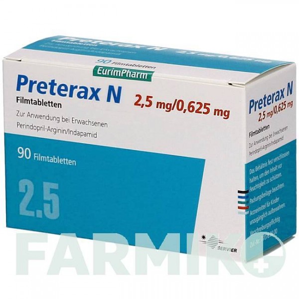ПРЕТЕРАКС (PRETERAX) 2,5 мг/0,625 мг таблетки 90 шт - Периндоприл, Индапамид EURIMPHARM