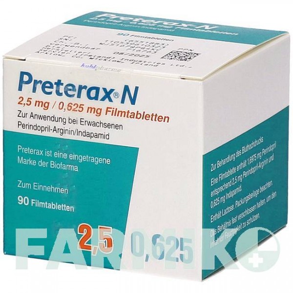 ПРЕТЕРАКС (PRETERAX) 2,5 мг/0,625 мг таблетки 90 шт - Периндоприл, Индапамид KOHLPHARMA