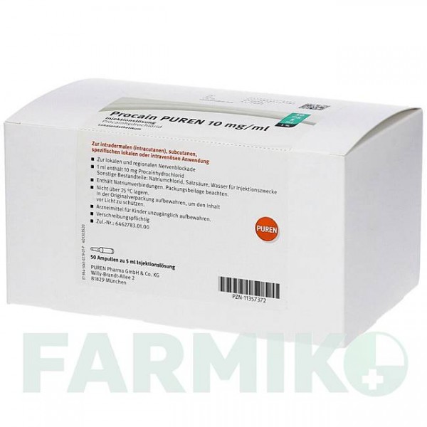 ПРОКАЇН (PROCAIN) 1% 10 мг/мл 50 мг/5 мл розчин 50x5 мл - Прокаїн PUREN PHARMA