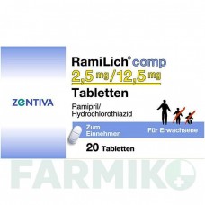 РАМІЛІХ (RAMILICH) 2,5 мг/12,5 мг таблетки 20 шт - Раміприл, Гідрохлоротіазид ZENTIVA