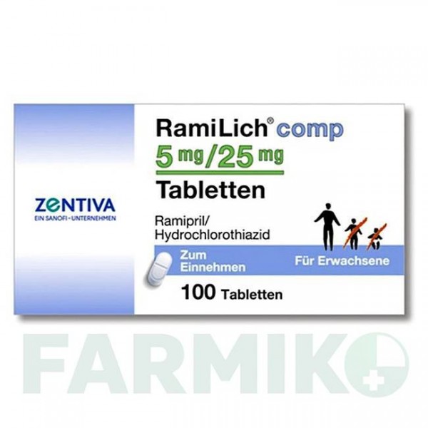 РАМІЛІХ (RAMILICH) 5 мг/25 мг таблетки 100 шт - Раміприл, Гідрохлоротіазид ZENTIVA