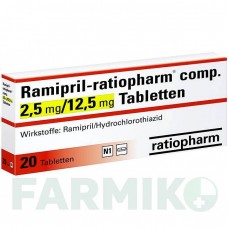РАМІПРИЛ (RAMIPRIL) 2,5 мг/12,5 мг таблетки 20 шт - Раміприл, Гідрохлоротіазид RATIOPHARM