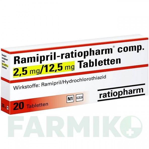РАМІПРИЛ (RAMIPRIL) 2,5 мг/12,5 мг таблетки 20 шт - Раміприл, Гідрохлоротіазид RATIOPHARM