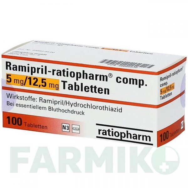 РАМИПРИЛ (RAMIPRIL) 5 мг/12,5 мг таблетки 100 шт - Рамиприл, Гидрохлоротиазид RATIOPHARM