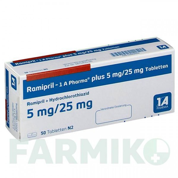 РАМИПРИЛ (RAMIPRIL) 5 мг/25 мг таблетки 50 шт - Рамиприл, Гидрохлоротиазид 1 A PHARMA
