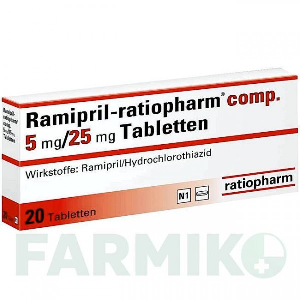 РАМІПРИЛ (RAMIPRIL) 5 мг/25 мг таблетки 20 шт - Раміприл, Гідрохлоротіазид RATIOPHARM