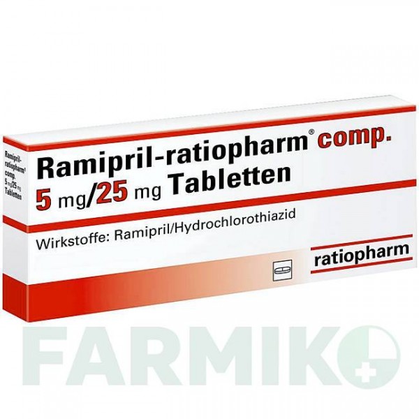 РАМИПРИЛ (RAMIPRIL) 5 мг/25 мг таблетки 100 шт - Рамиприл, Гидрохлоротиазид RATIOPHARM