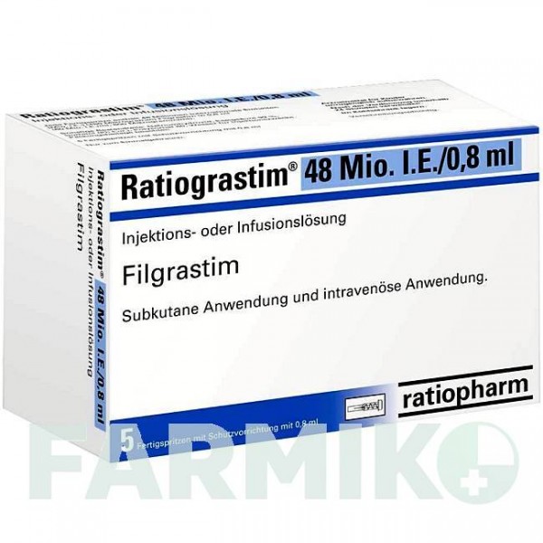 РАТИОГРАСТИМ (RATIOGRASTIM) 48 млн. МЕ/0,8 мл шприци 5 шт - Филграстим RATIOPHARM