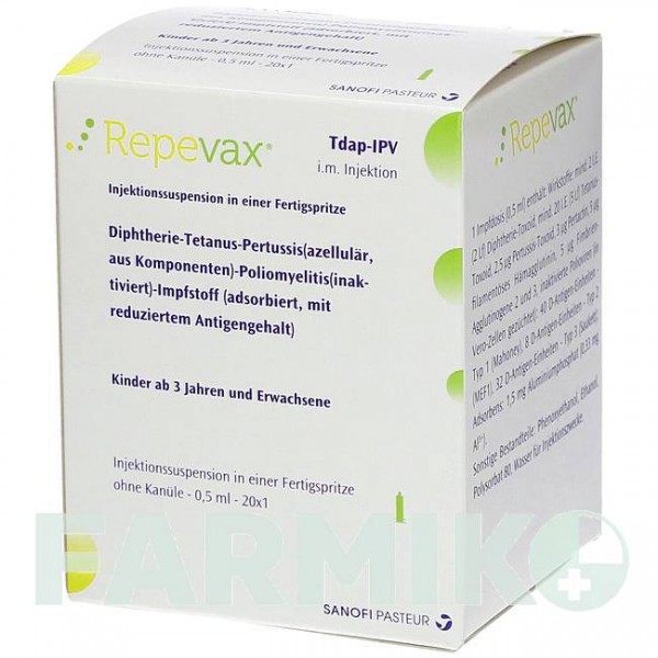 РЕПЕВАКС (REPEVAX) шприци 20x1 шт - Дифтерия - коклюш - полиомиелит - столбняк SANOFI