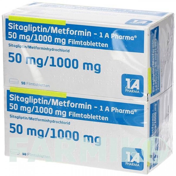 СИТАГЛИПТИН (SITAGLIPTIN) 50 мг/1000 мг таблетки 196 шт - Метформин, Ситаглиптин 1 A PHARMA