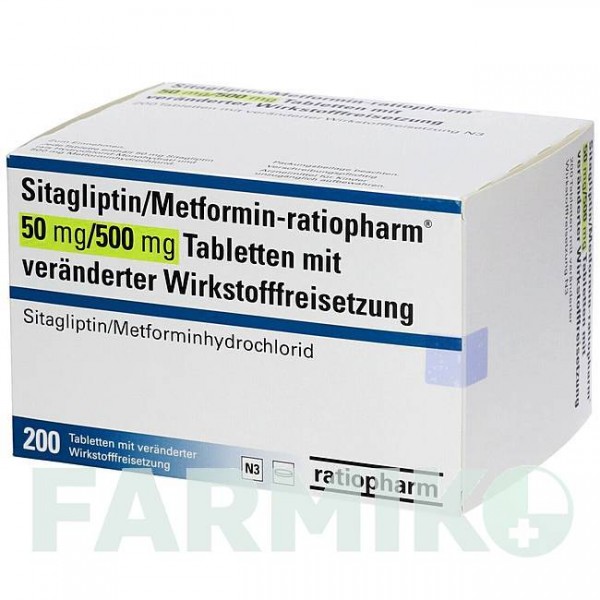 СИТАГЛІПТИН (SITAGLIPTIN) 50 мг/500 мг таблетки 200 шт - Метформін, Ситагліптин RATIOPHARM