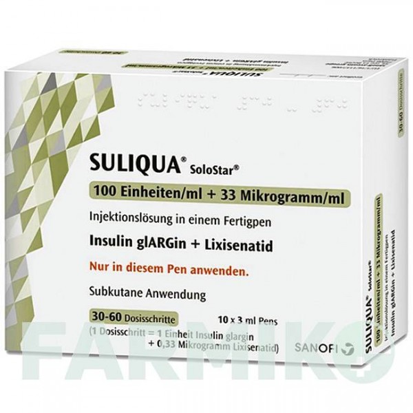 СУЛИКВА (SULIQUA) 100 ЕД/мл + 33 мкг/мл раствор 10x3 мл - Инсулин гларгин, Ликсисенатид SANOFI