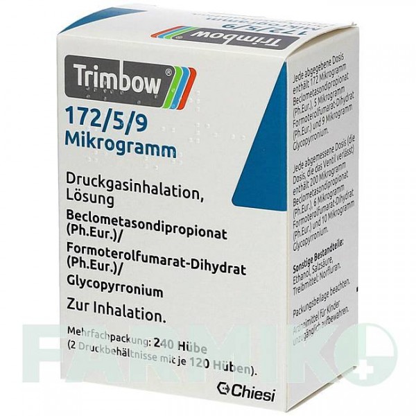 ТРИМБОУ (TRIMBOW) 172 мкг/5 мкг/9 мкг 120 доз аерозоль 2 шт - Формотерол, Глікопіронію бромід, Беклометазон CHIESI