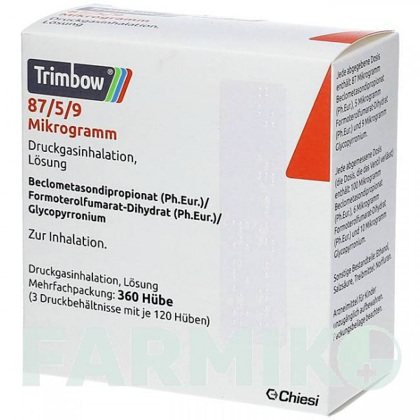 ТРИМБОУ (TRIMBOW) 87 мкг/5 мкг/9 мкг 120 доз аерозоль 2 шт - Формотерол, Глікопіронію бромід, Беклометазон ACA MULLER-ADAG PHARMA