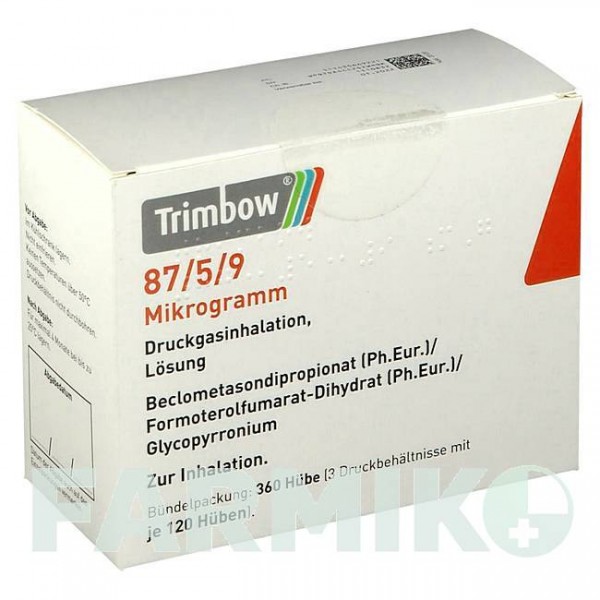 ТРИМБОУ (TRIMBOW) 87 мкг/5 мкг/9 мкг 120 доз аерозоль 3 шт - Формотерол, Глікопіронію бромід, Беклометазон AXICORP PHARMA
