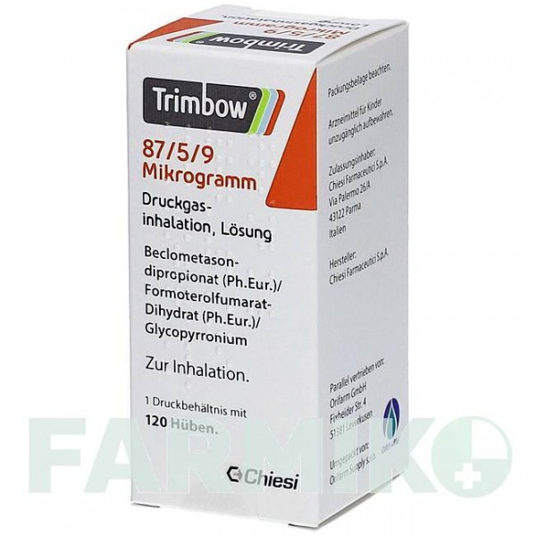 ТРИМБОУ (TRIMBOW) 87 мкг/5 мкг/9 мкг 120 доз аерозоль 1 шт - Формотерол, Глікопіронію бромід, Беклометазон ORIFARM