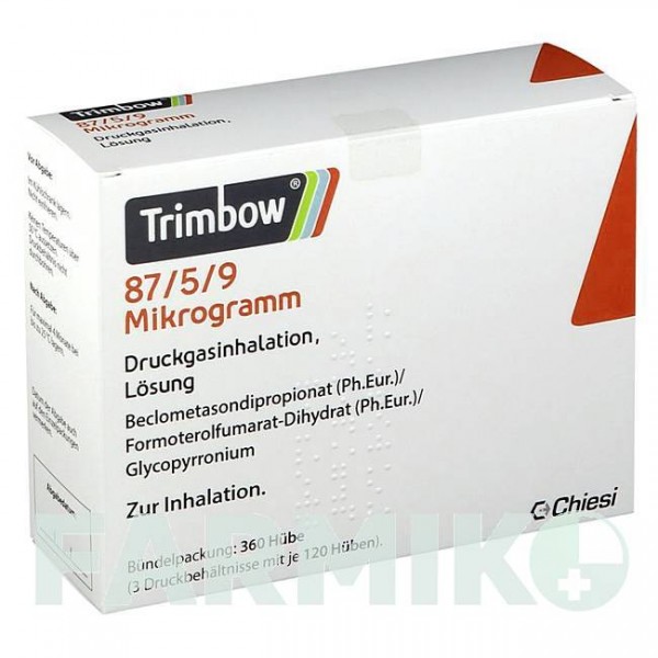ТРИМБОУ (TRIMBOW) 87 мкг/5 мкг/9 мкг 120 доз аерозоль 3 шт - Формотерол, Глікопіронію бромід, Беклометазон ORIFARM