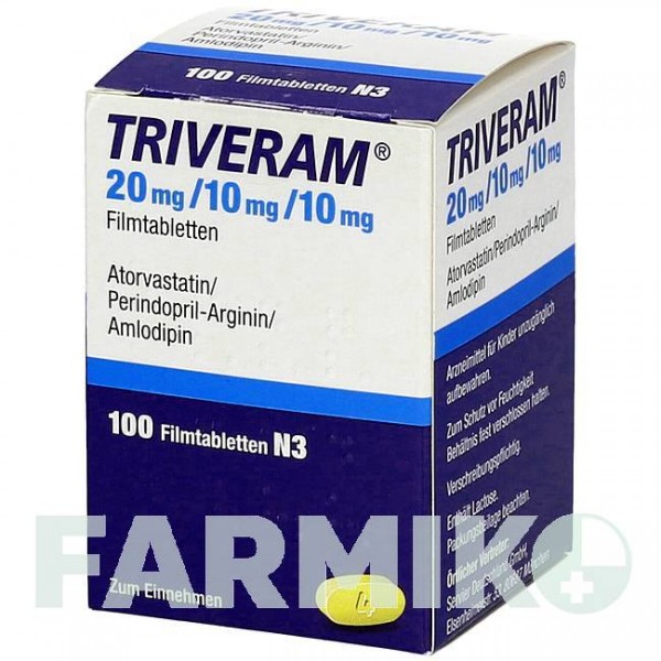 ТРИВЕРАМ (TRIVERAM) 20 мг/10 мг/10 мг таблетки 100 шт - Аторвастатин, Амлодипін, Периндоприл SERVIER