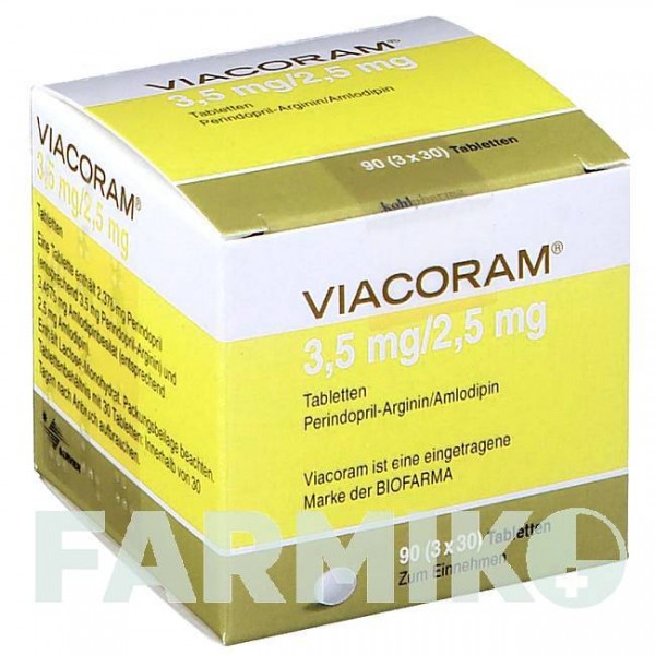 ВІАКОРАМ (VIACORAM) 3,5 мг/2,5 мг таблетки 90 шт - Периндоприл, Амлодипін KOHLPHARMA