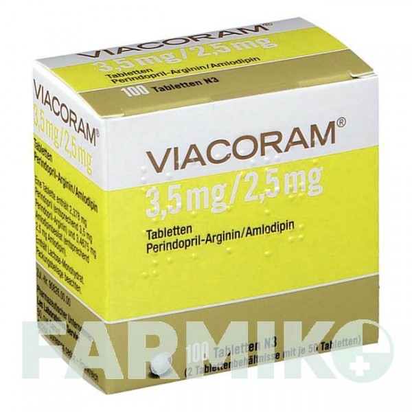 ВІАКОРАМ (VIACORAM) 3,5 мг/2,5 мг таблетки 100 шт - Периндоприл, Амлодипін SERVIER