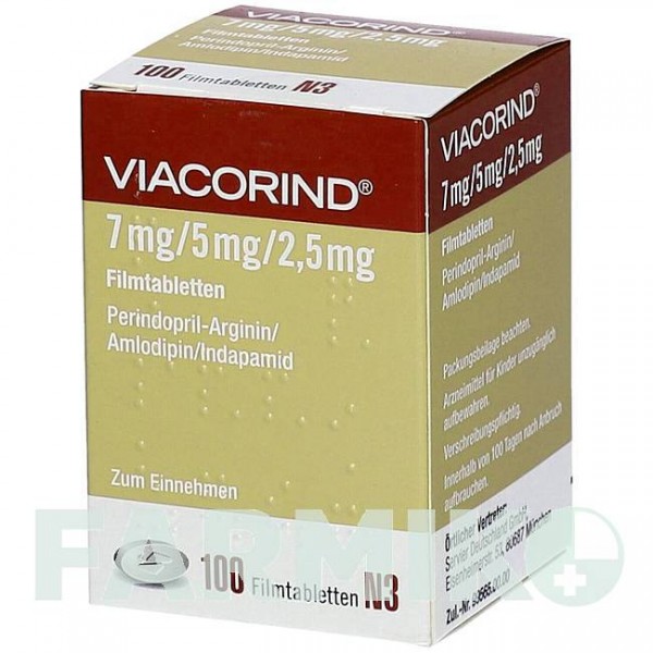 ВИАКОРИНД (VIACORIND) 7 мг/5 мг/2,5 мг таблетки 100 шт - Периндоприл, Амлодипин, Индапамид SERVIER
