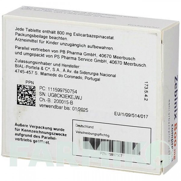 ЗЕБІНІКС (ZEBINIX) 800 мг таблетки 30 шт - Еслікарбазепін PB PHARMA